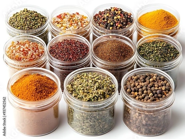 Fototapeta Collection of Spices in Glass Jars on White Background - Photo