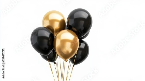 Fototapeta Group of sophisticated black and gold balloons, tied together, isolated on white