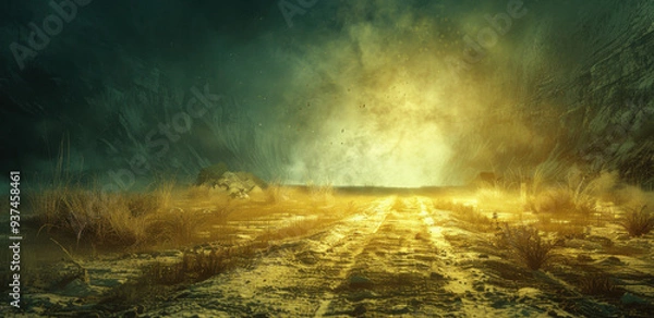 Obraz desert road dreamscape photography 3d concept art/photography, in the style of dark white and light gold, 8k resolution, vienna secession, energy-filled illustrations, subtle lighting