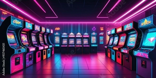 Fototapeta synthwave illustration of a gaming arcade background
