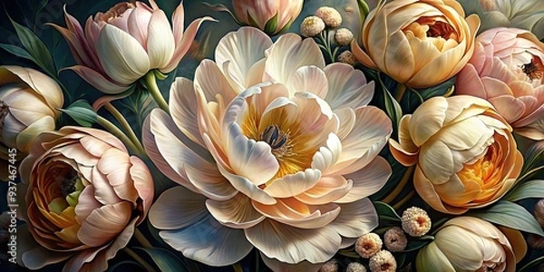 Fototapeta Dutch Masterpiece: Exquisite, highly detailed close-up of delicate petals and stamens, in a muted color palette with subtle, nuanced shading, evoking a sense of refined elegance.