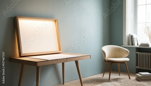 Fototapeta A minimalist workspace featuring a wooden desk and a stylish chair in a serene room.