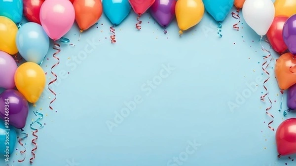 Fototapeta festive colorful balloons border on light blue backgro background