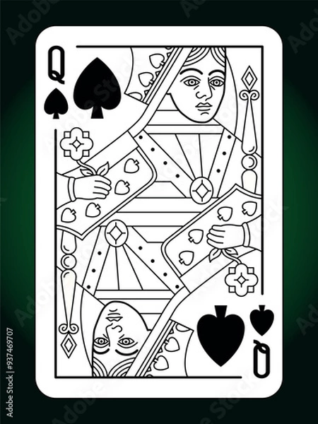 Fototapeta Queen Spades  suit playing card, vintage classic design, isolated on white, editable vector stroke line.