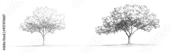 Obraz Two Simple Line Drawings of Trees on White Background ,   for Minimalist and Nature-Inspired Artworks
