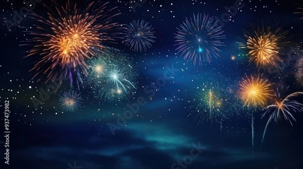 Fototapeta A Night Sky Filled with Colorful Fireworks and Stars