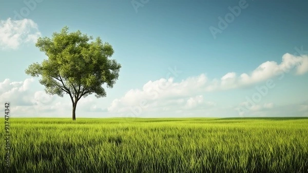 Fototapeta Lone tree standing in a vast green field under a clear blue sky on a sunny day


