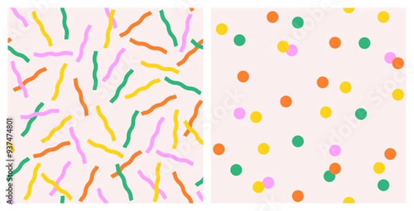 Fototapeta Set of cute seamless patterns of multicolored long chaotic wavy stripes and confetti, polka dots on a light background, flat style