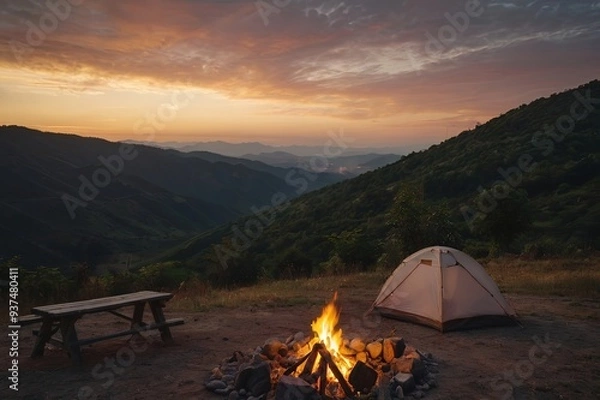 Obraz clean camping site in top of the mountain at the sunset, fire started