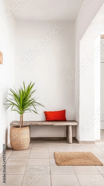 Fototapeta Minimalist bench with red pillow and woven basket in Mediterranean home