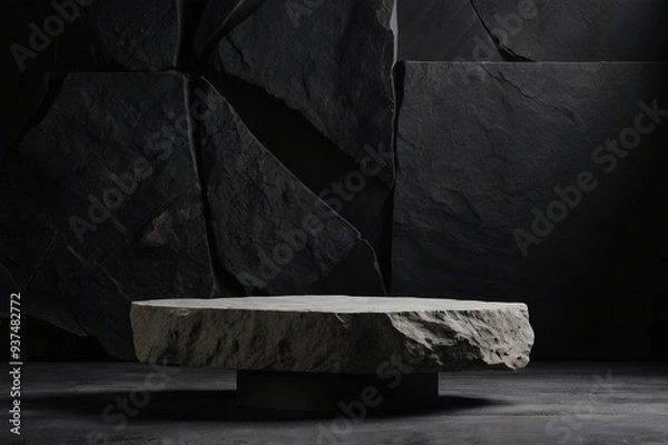 Fototapeta Stone Podium For Beauty Product Display, Black Background, Stone Stage for product display, minimalist stone podium