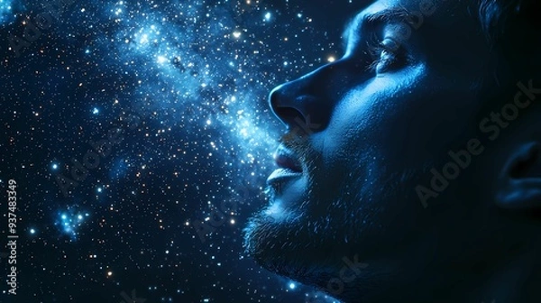 Obraz A contemplative profile of a man against a cosmic backdrop, exploring the beauty and mystery of the universe.