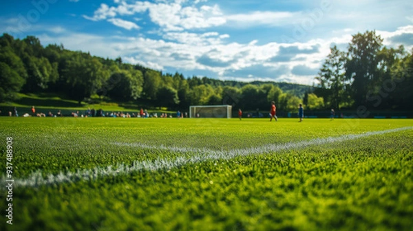 Fototapeta A school soccer field with kids playing a game, goalposts, and green grass stretching into the distance.