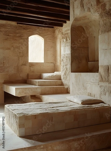 Fototapeta Stone Architecture with Arch Window and Wooden Beam