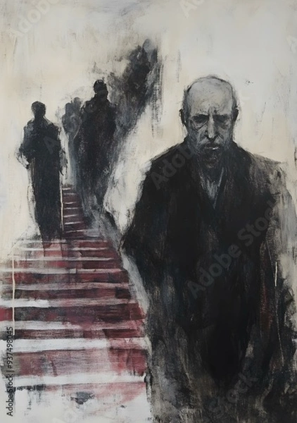 Fototapeta A Man Standing on Stairs with Shadows in the Background