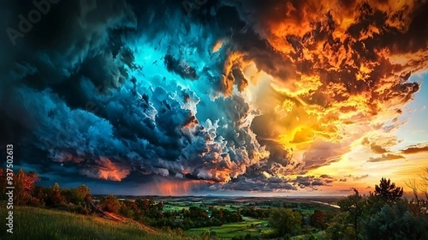 Fototapeta Dramatic sunset sky with storm clouds over a green valley landscape, blending the powerful beauty of nature with the serene calm of evening light.