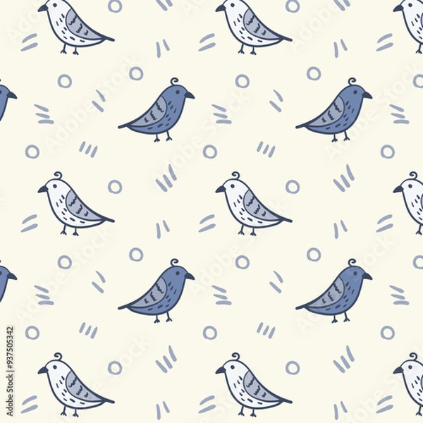 Fototapeta Seamless pattern of simple folk birds on doodle texture in blue and white