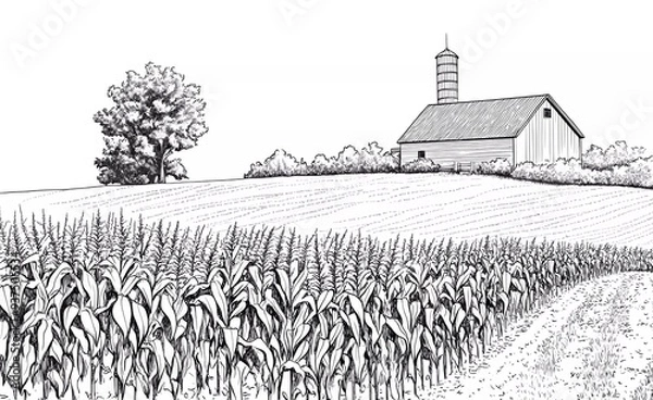 Fototapeta A black and white vector line drawing for coloring, of an American farm with corn fields in the background