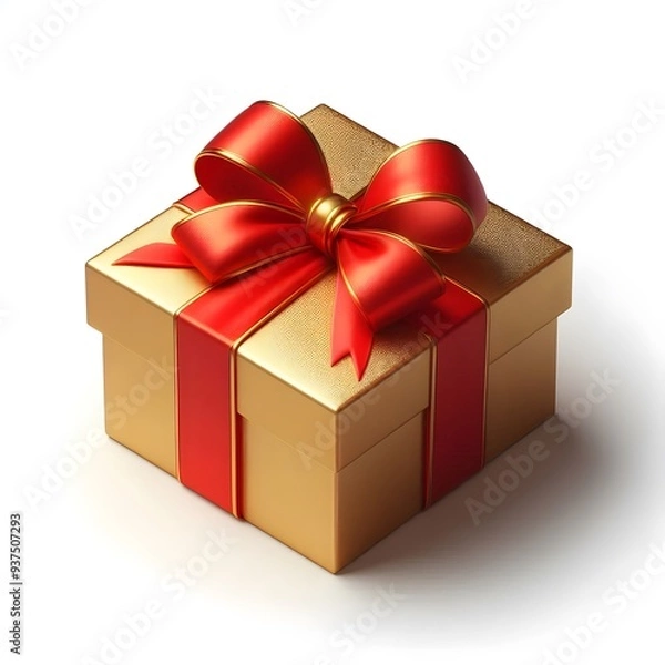Fototapeta Gold Gift Box with Red Ribbon - Isolated on White Background