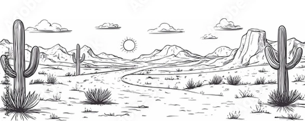 Fototapeta A simple black and white vector drawing of a desert landscape, with cacti and mountains in the background,
