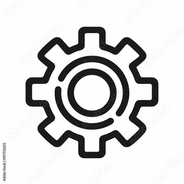 Obraz Simple black gear icon on a white background, minimalistic symbol representing mechanical engineering, settings, or technical concepts, perfect for digital interfaces and design projects.
