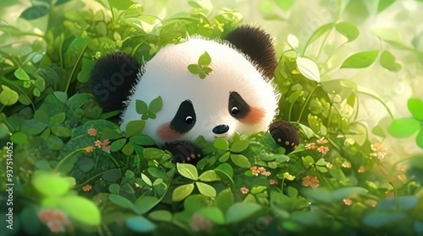 Obraz Cute Panda Bear Hiding in Green Grass.