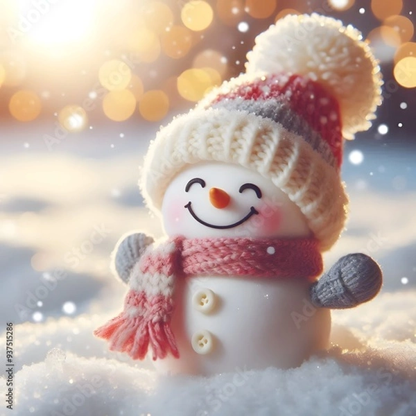 Fototapeta Cute Laughing Snowman with Wool Hat & Scarf - Photorealistic Winter Scene with Bokeh Lights