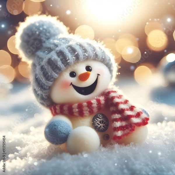 Fototapeta Cute Laughing Snowman with Wool Hat & Scarf - Photorealistic Winter Scene with Bokeh Lights