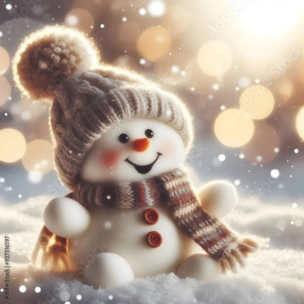 Fototapeta Cute Laughing Snowman with Wool Hat & Scarf - Photorealistic Winter Scene with Bokeh Lights