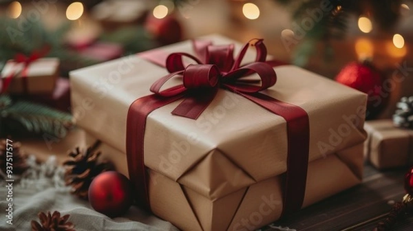 Fototapeta A beautifully wrapped gift with a red ribbon sits on a cozy table adorned with festive decorations during the holiday season, surrounded by small ornaments and pine cones