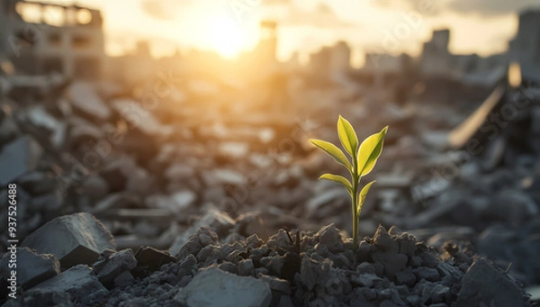 Obraz Small plant sprouts through rubble, symbolizing hope and resilience.