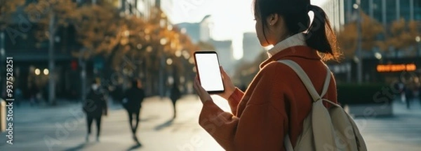 Fototapeta Young woman with ponytail using smartphone in city street