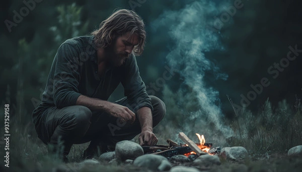 Fototapeta Alone in the wilderness, a young man builds a fire