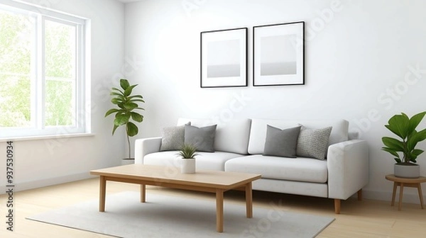 Fototapeta simple living room comfort neutral tones soft light warm shadows high angle shot realistic photo minimal background, more clarity with clear light and sharp focus, high detailed