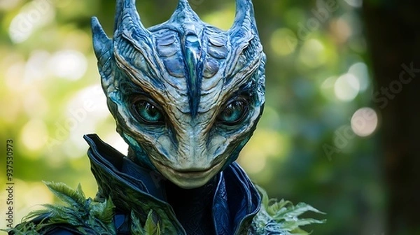 Obraz Close-up of a blue alien-like creature with green eyes and a leafy texture, looking directly at the camera.