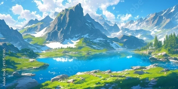 Fototapeta Dreamy Anime Couple Camping Adventure: Sunrise Coffee by Mountain Lake. Romantic Spring and Summer Getaway Illustration for Travel Marketing. AI-Generated Art for UI Design, Posters, and High-Resoluti