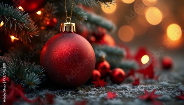 Fototapeta Red christmas ornament hanging on a christmas tree with fairy lights