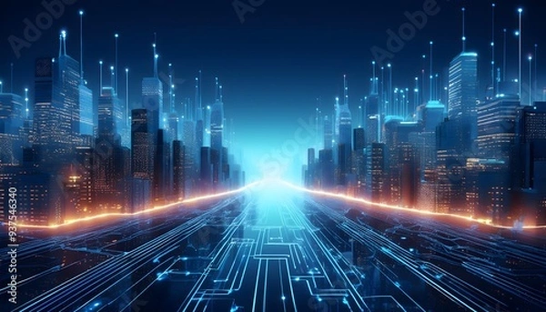Fototapeta 3D illustration of a night city with lights and skyscrapers presented in holographic form.