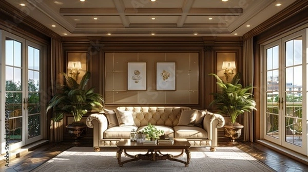 Fototapeta Elegant living room with a plush sofa and large windows, showcasing indoor plants and tasteful decor on a sunny day