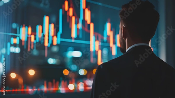 Fototapeta Declining Candlestick Chart: Male manager analyzing a declining candlestick chart.