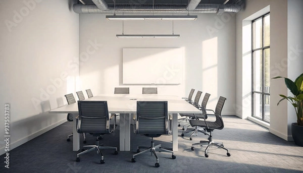 Obraz a modern conference room with a white table and chairs, leather chair with table, large window in office, nature view form window in office