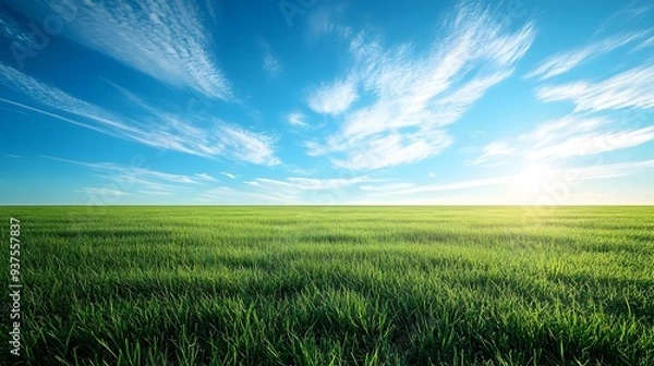 Fototapeta Vast green meadow under a clear blue sky with wispy cloud formations at sunrise or sunset