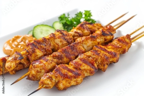 Fototapeta Chicken Satay, This popular satay is made with marinated chicken skewers grilled to perfection. isolated on white background