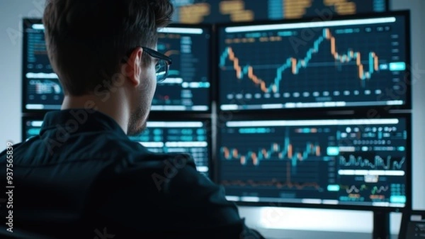 Fototapeta A focused individual analyzes stock market data on multiple monitors in a modern trading environment.