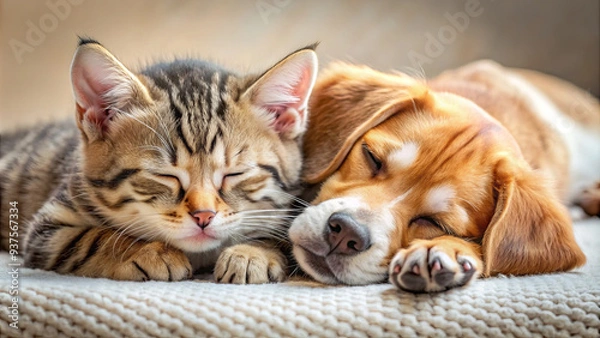Fototapeta A tabby kitten and a beagle puppy are cuddled up together, soundly asleep on a soft blanket, radiating warmth and comfort in a tranquil home setting