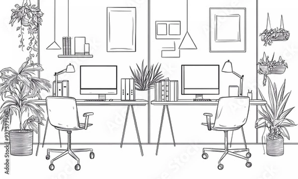 Obraz Vector black and white line art illustration of an office with two desks, chairs, computer monitors, books on the desks