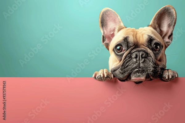 Fototapeta French Bulldog Peeking Over Pink Surface With Teal Background
