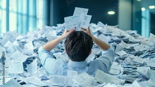 Obraz A person overwhelmed by a mountain of paperwork in an office setting, illustrating stress and chaos in daily tasks.