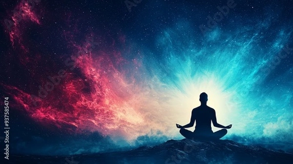Fototapeta A serene figure meditates amidst a vibrant cosmic background, symbolizing peace, transcendence, and connection to the universe.