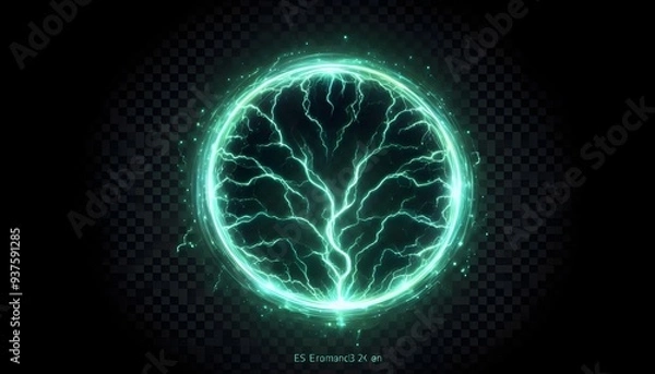 Fototapeta glowing electric green lightning round frame with plasma portal, isolated on transparent layer overlay or black background